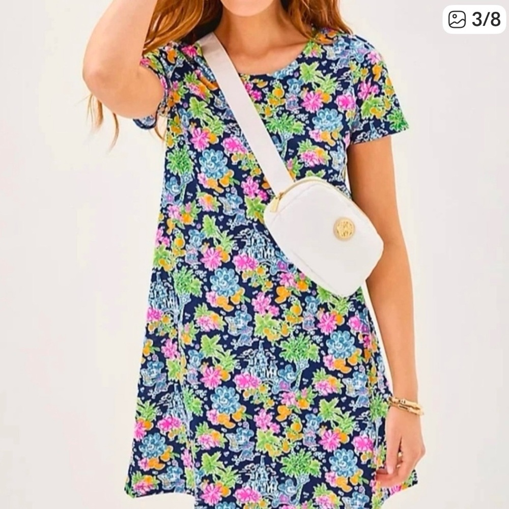 Lilly Pulitzer Disney Cody Navy Dress Tshirt Dress Small Mickey Minnie Castle.